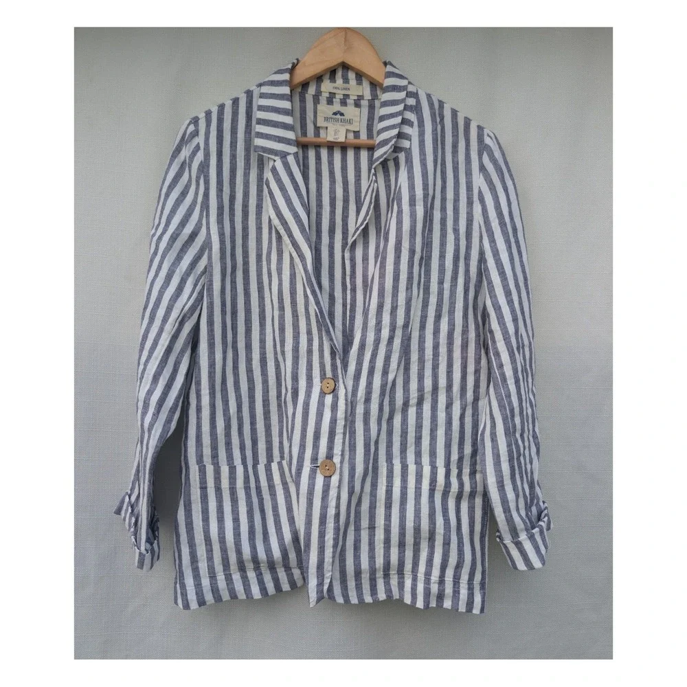 British Khaki Linen Striped Blazer Womens L Blue Coastal‎ Old Money Preppy